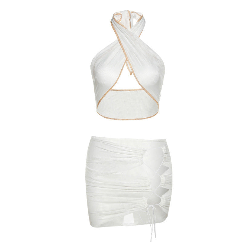 See-through Strappy Vest Slim Skirt Suit