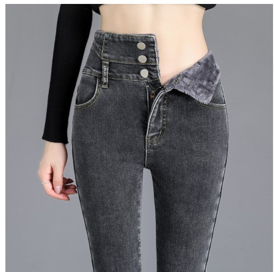 Women's High Waist Jeans Trendy Plush Fleece