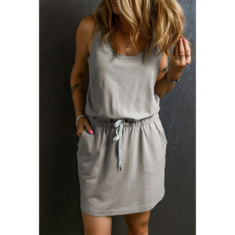 Drawstring Waist And Knee-length Short Solid Color Sleeveless Dress Women