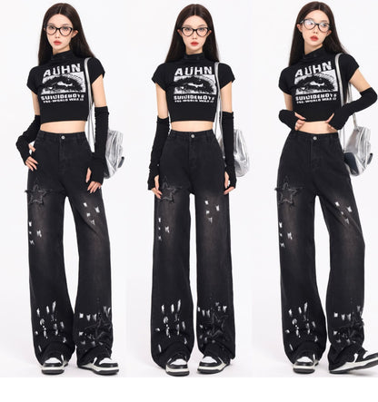 Embroidered Jeans Autumn And Winter New High Waist Splash-ink Wide Leg Straight Mop Pants