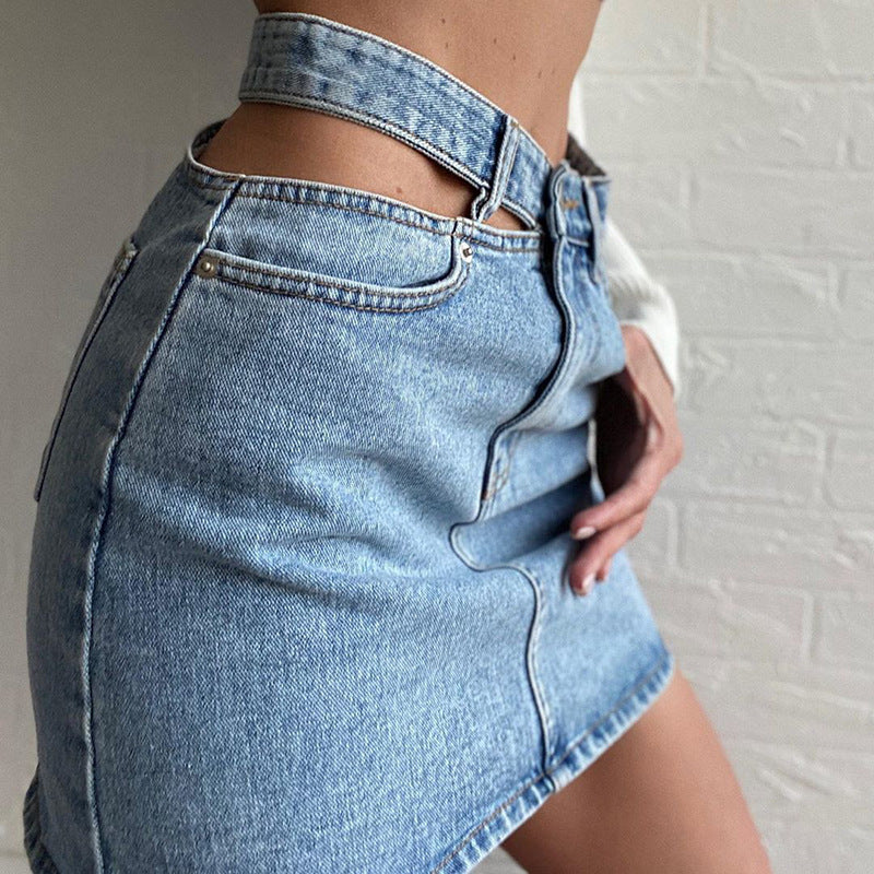 One side cutout denim skirt