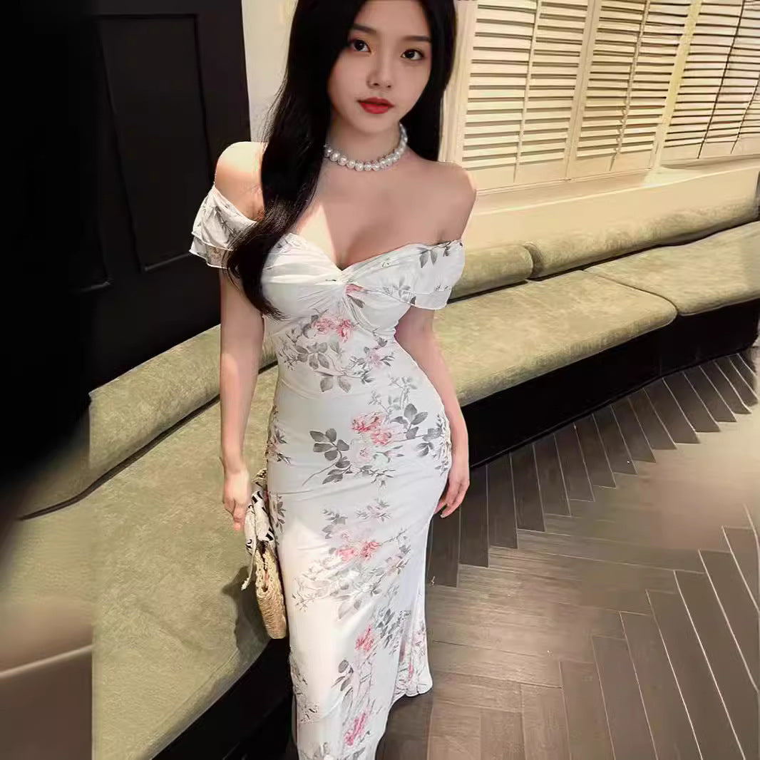 Fashion Off-shoulder Mesh Floral Print Long Dress New Chinese Retro