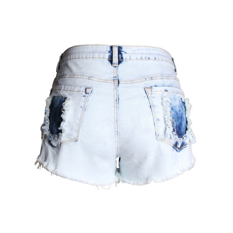 Ripped jeans women's high waist light color white worn off washed wool denim shorts