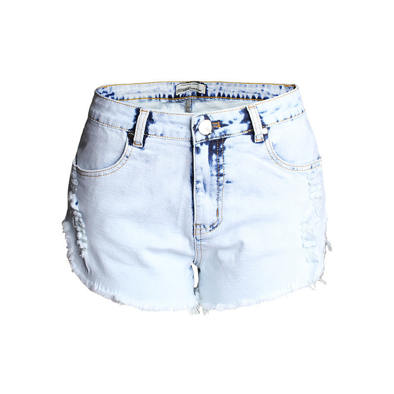 Ripped jeans women's high waist light color white worn off washed wool denim shorts