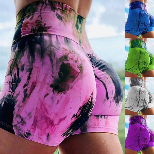 Ladies Tie Dye Printed Shorts Hip-Up Yoga Pants