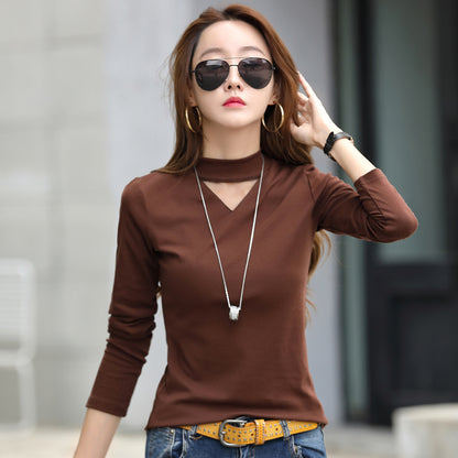 Women's Half-turtleneck Slim-fit V-mesh Long-sleeved T-shirt