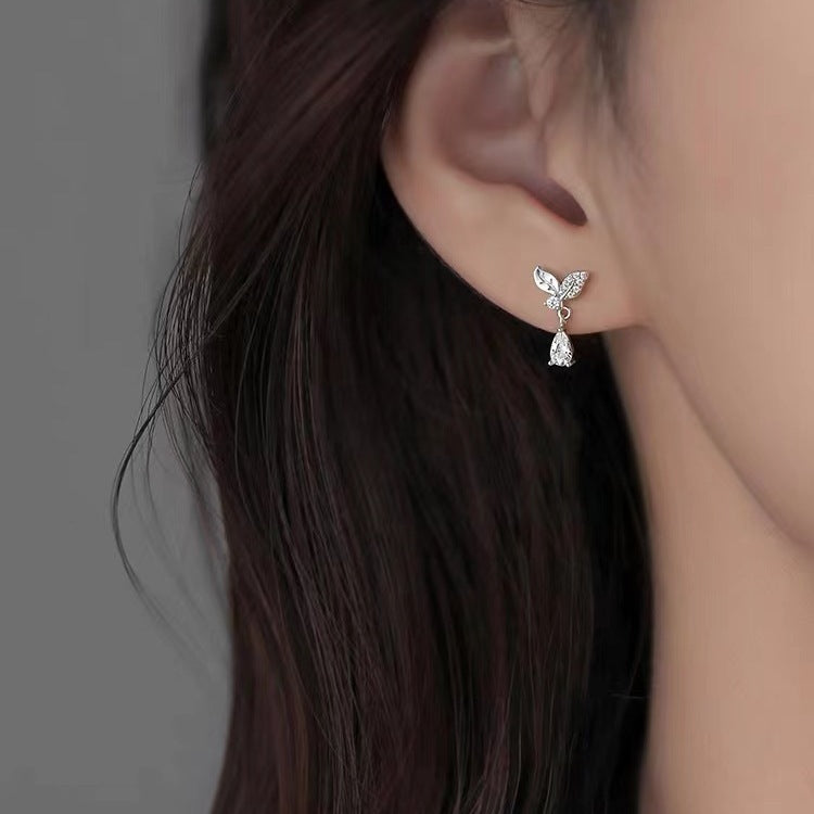 Sterling Silver Needle Leaf-shapepd Stud Earrings Water Drop Female