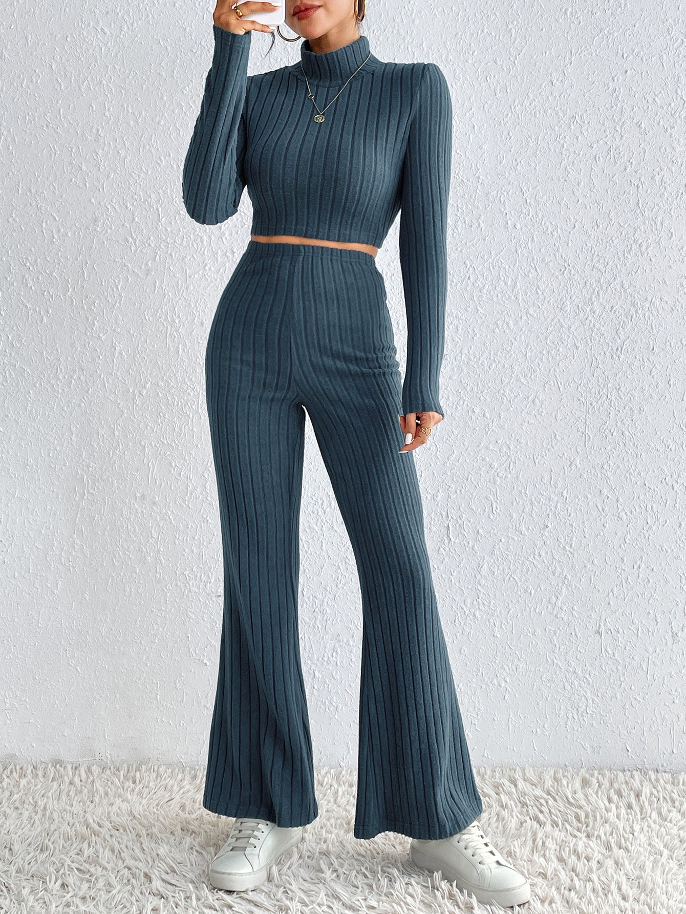 Solid Color Knitted Long Sleeve Turtlenecks Wide Leg High Waist Trousers Suit