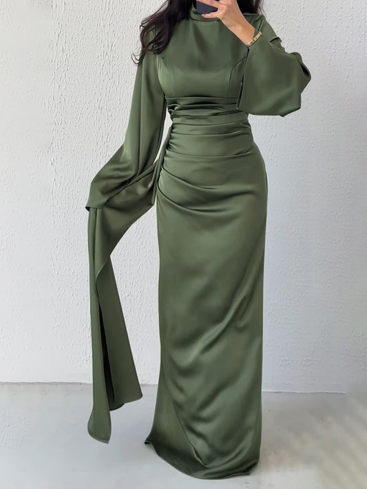 Solid Pleated Long-sleeve Maxi Dress