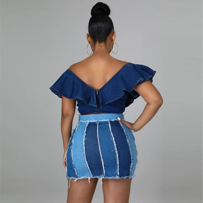 Design Sense Patchwork Washed Pleated Belt Denim Skirt