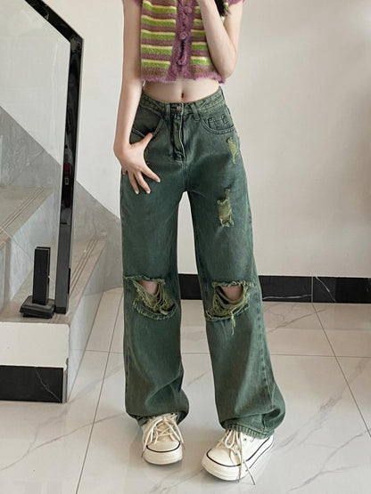 American Dark Green Torn Jeans With Wide Leg Pants For Women