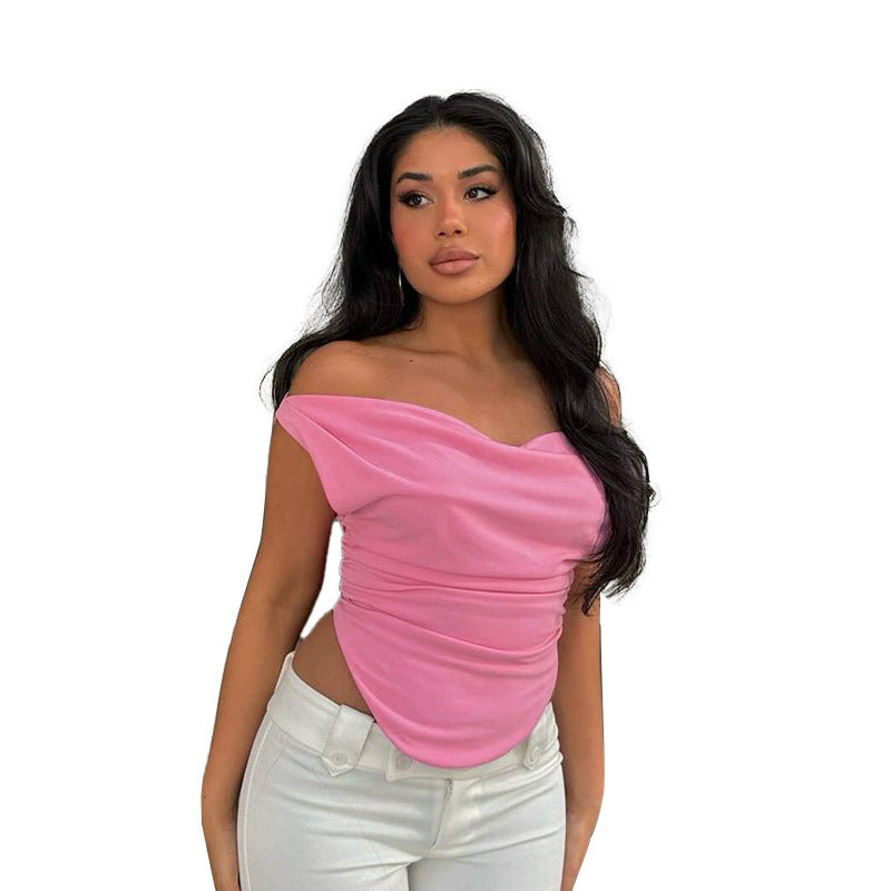 Slim Fit T-shirt European And American Style Off-shoulder Pleated Slim Fit Arc Swing Top