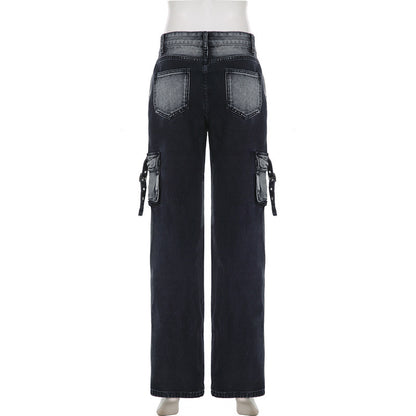 Tie-dyed Metal Buckle Multi-pocket Workwear Jeans