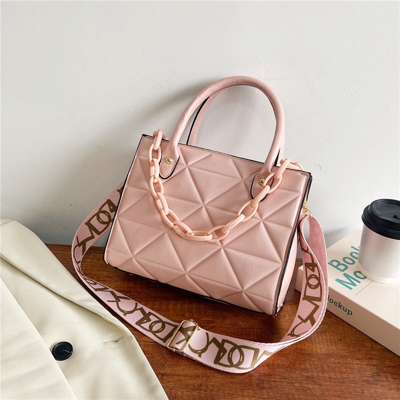 Bag Women's Bag New Spring Western Style Shoulder Bag Fashion Embroidery Thread Wide Shoulder Strap Rhombus Portable Messenger Bag