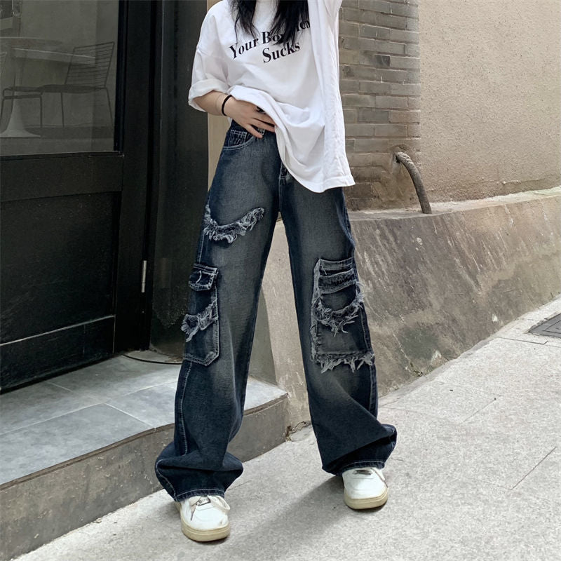 High Street Vintage Jeans Women's Summer Washed Worn Harajuku Straight Drooping Wide Leg Pants