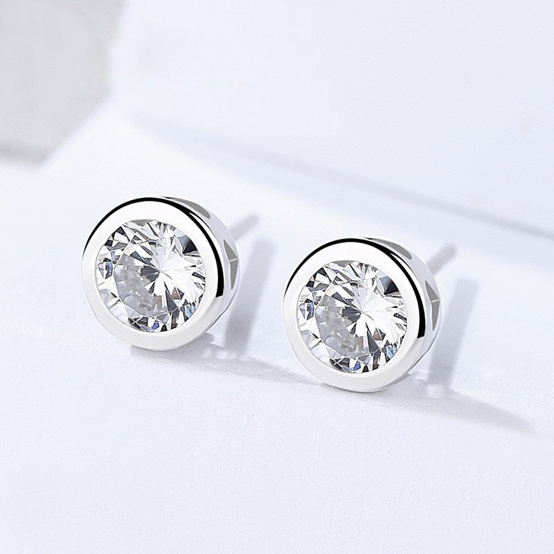 Sterling Silver Round Single Diamond Zircon Earrings