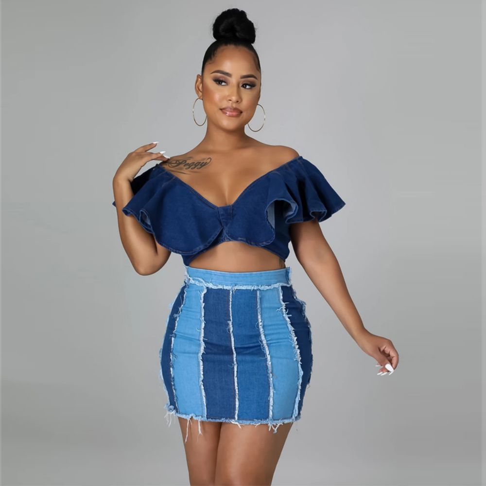 Design Sense Patchwork Washed Pleated Belt Denim Skirt