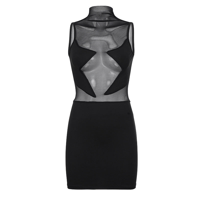 Mesh Panel Semi-high Neck Tight Sleeveless Dress