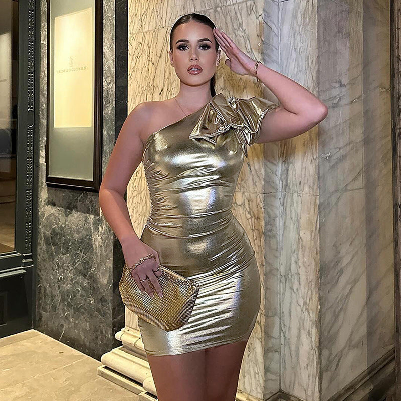 Bow Shoulder Metallic Tight Dress