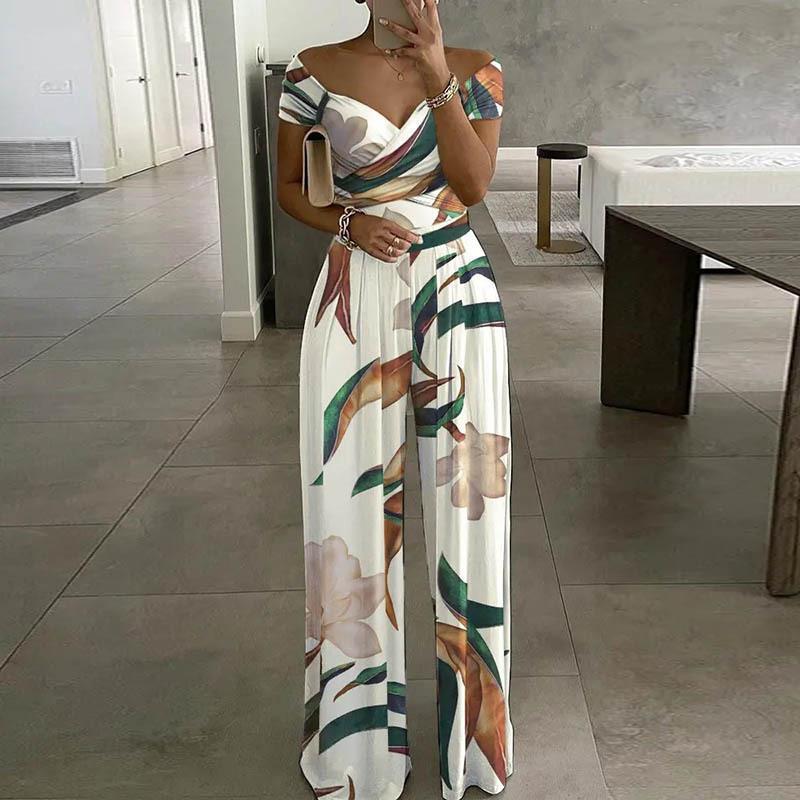 Fashion Off-shoulder Printed Temperament Commute Casual High Waist Jumpsuit Women