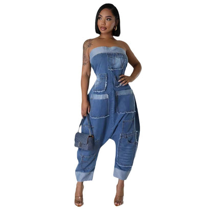 Denim Cargo Pants Multi-pocket Stitching Washed Loose Sleeveless Jumpsuit