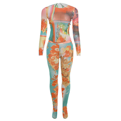 Printed High Waist Slim Pants Suit Women