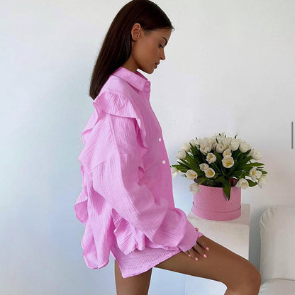 Solid Color Pure Cotton Ruffles Long Sleeve Shorts Suit