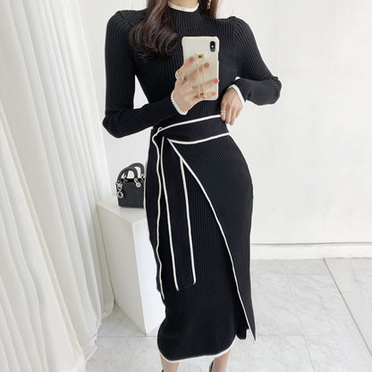 Retro Minority Half Turtleneck Slim Fit Temperament Color Matching Dress Women