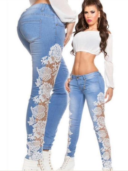 Sexy lace perspective stitching jeans