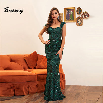 Sequin Sling Mid Waist Party Evening Dress Long Mop Dress