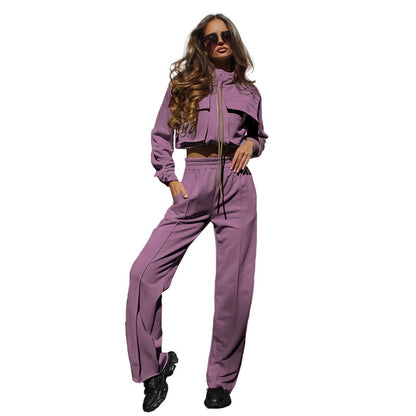 Zipper Double Bag Drawstring Long Sleeve Top Fashion Casual Trousers Suit Women