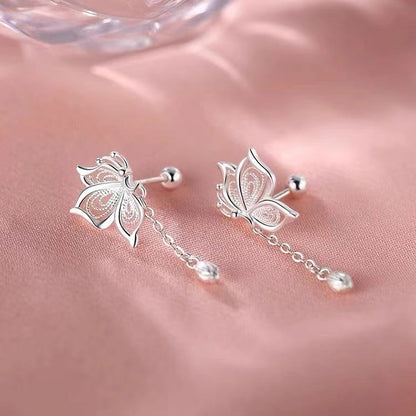 Silver Pin Earrings Sweet Tassel Butterfly Studs Women