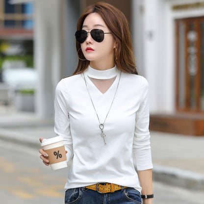 Women's Half-turtleneck Slim-fit V-mesh Long-sleeved T-shirt