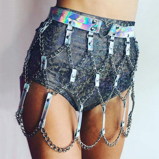 Punk Laser Leather Waist Chain Skirt