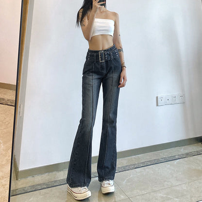 Retro Distressed Hot Girl Washed Belt Slimming Jeans