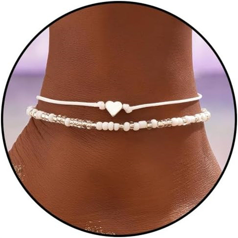 Fashion Personality Anklet White Love Heart Micro Glass Bead Adjustable Foot Ornaments