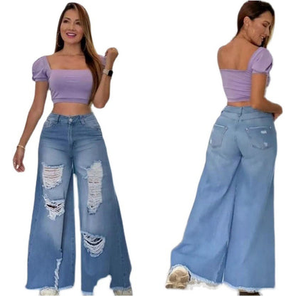 Lady Sexy Fashion Holes Denim Wide-leg Pants