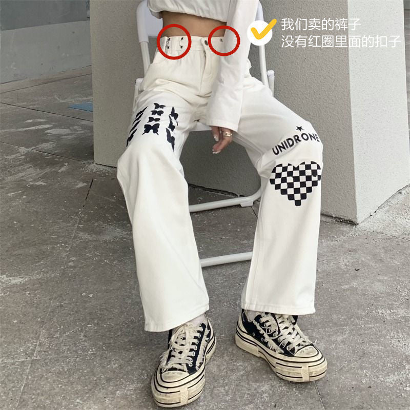 Printed High Waist Straight Pants Heart Checkerboard Jeans