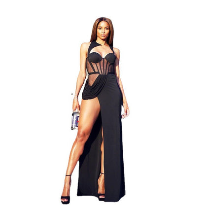 Back Mesh Pierced Air Quality Temperament Slit Dress