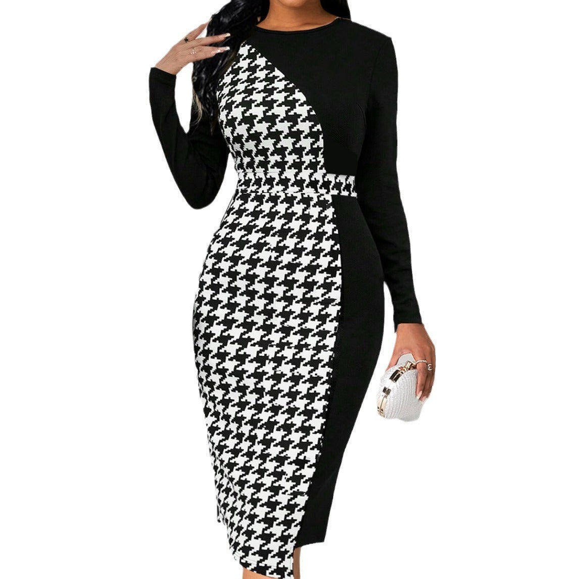 Houndstooth Long Sleeve Elegant Style Sheath Dress