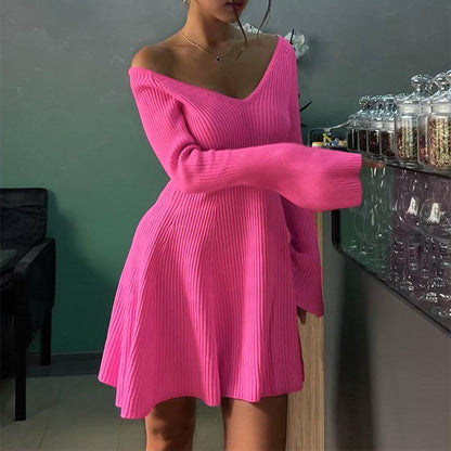 Sexy Slim V-Neck Long Sleeve Knitted Dress Fashion Tight High Elastic Ruffle A-Line Short Dresses Y2K Skirt Womens Clothing