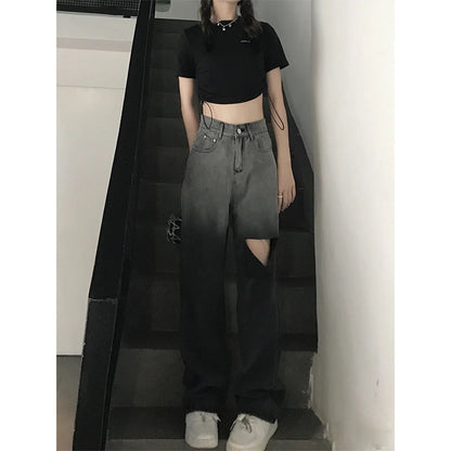 Ripped Jeans Female High-waist Straight-leg Pants Small Wide-leg