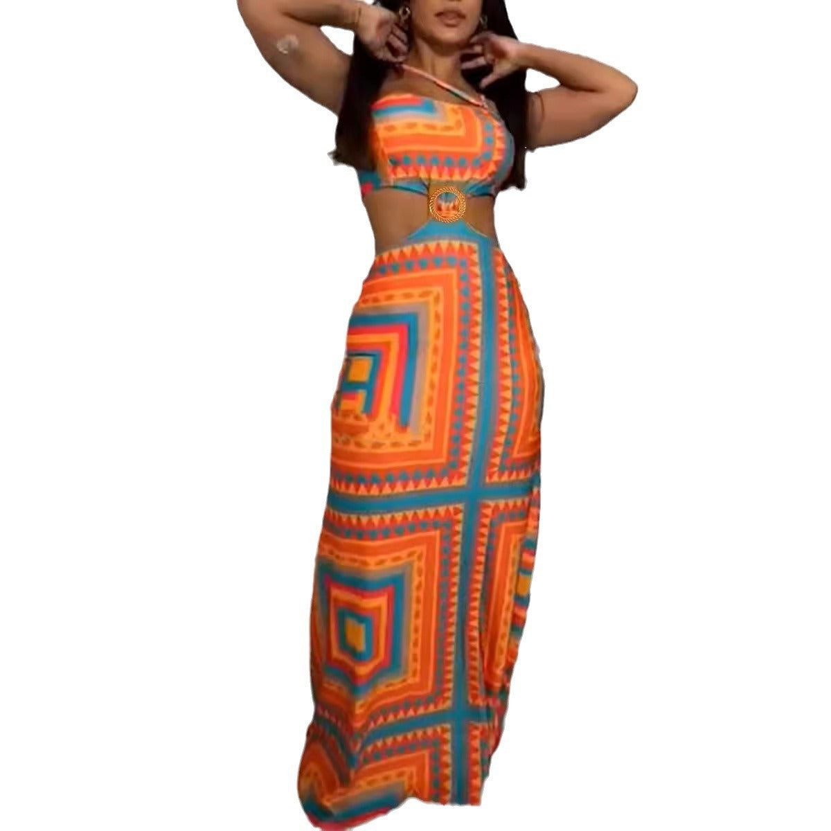 Printed Stitched Backless Hollow Elastic Halter Maxi Dress