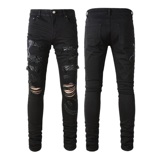 Broken Three Headed Snake Embroidery Patchwork Jeans For Men