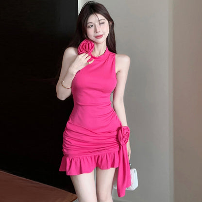 Pleated Ruffled Slim-fit Sleeveless Sheath Dress Women