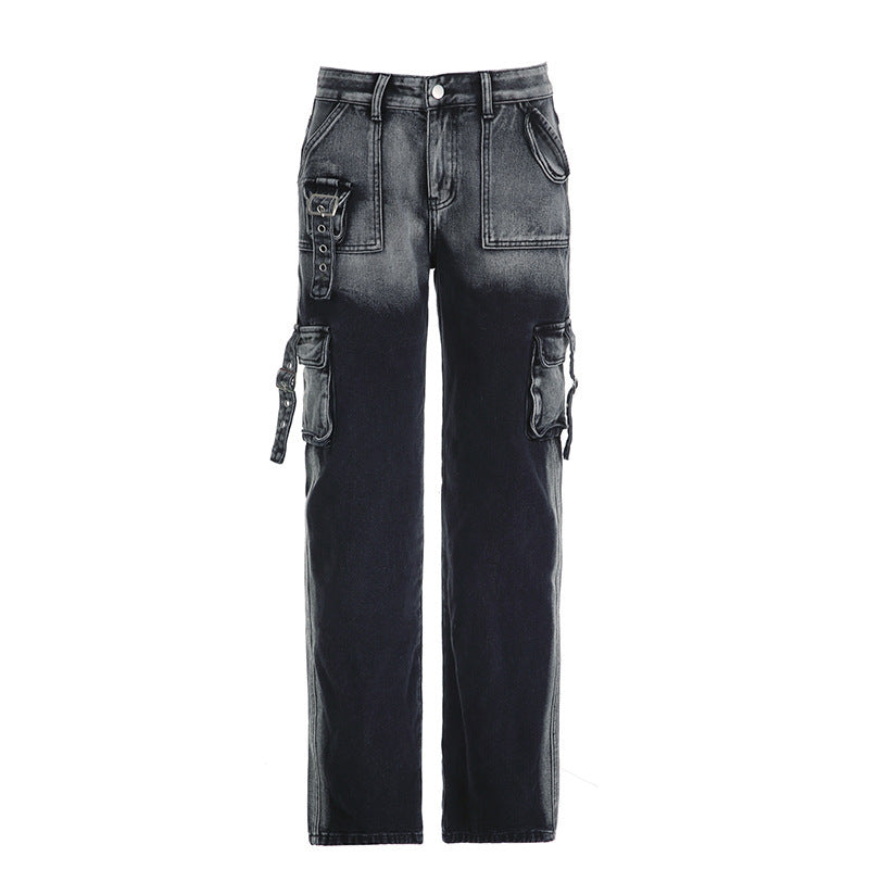 Tie-dyed Metal Buckle Multi-pocket Workwear Jeans