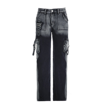 Tie-dyed Metal Buckle Multi-pocket Workwear Jeans