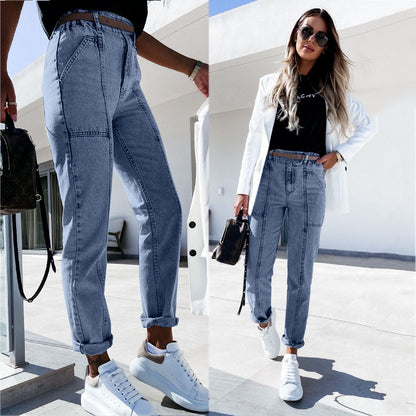 Casual High-waisted Water-washed Jeans With Small Feet