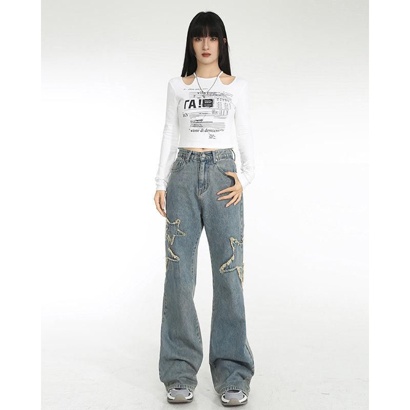 Spring High-waisted Draping Straight Slightly Flared Jeans