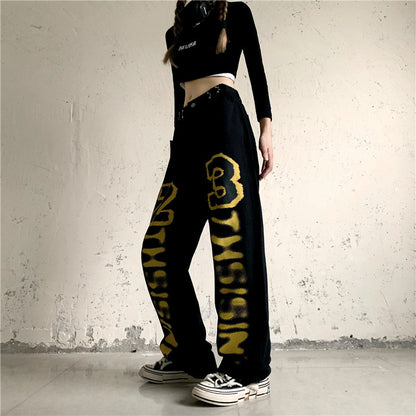 Harajuku Style Letter Print Straight Leg Women's High Waist Jeans